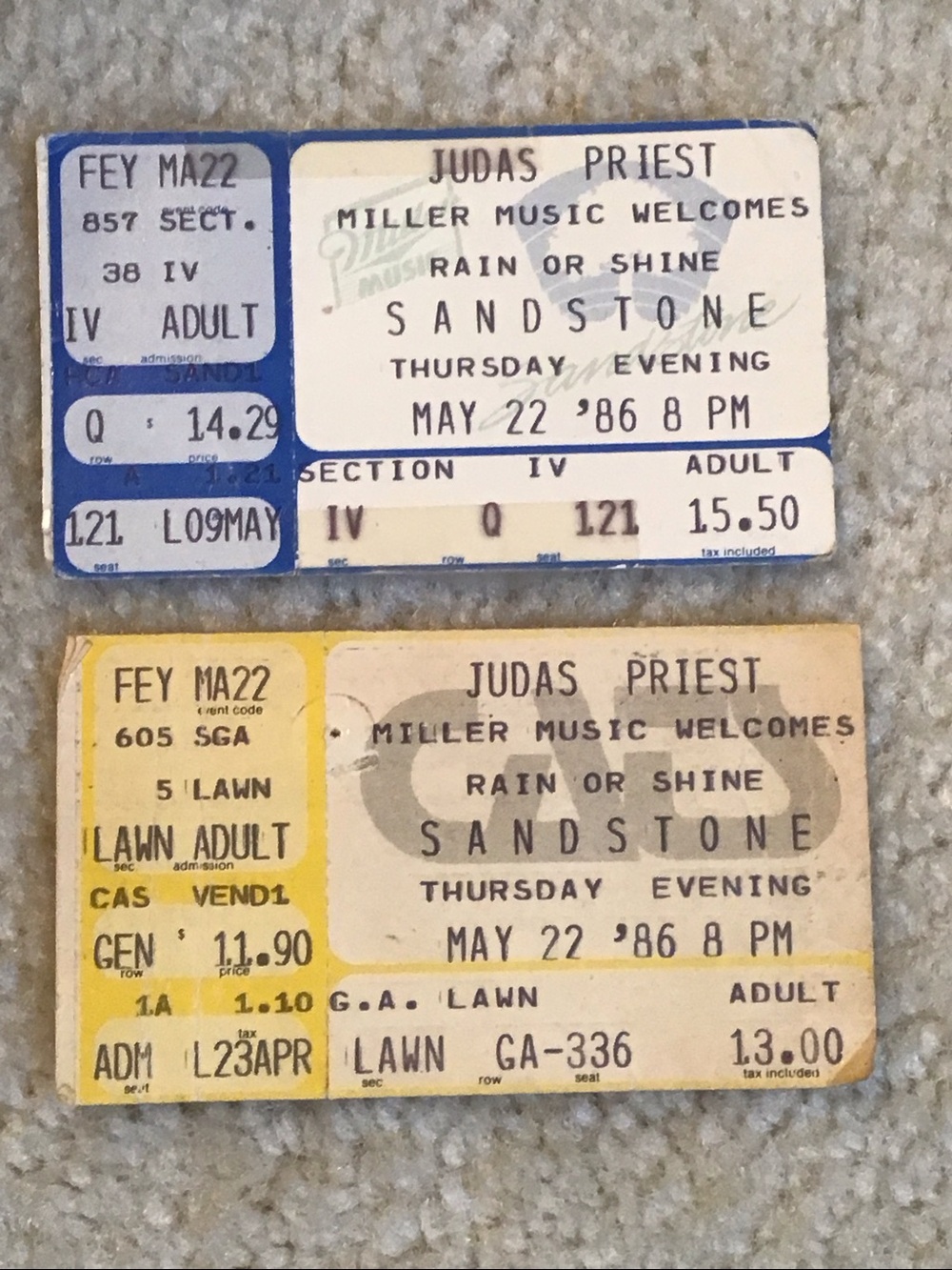 Set of 2 Vintage Rock Memorabilia Judas Priest Concert Ticket Stubs, 1986